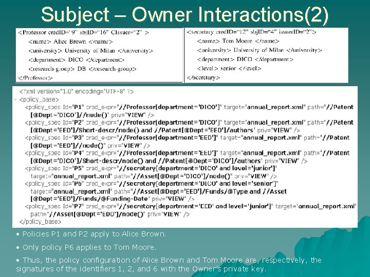 Subject – Owner Interactions(2) • Policies P 1 and P 2 apply to Alice