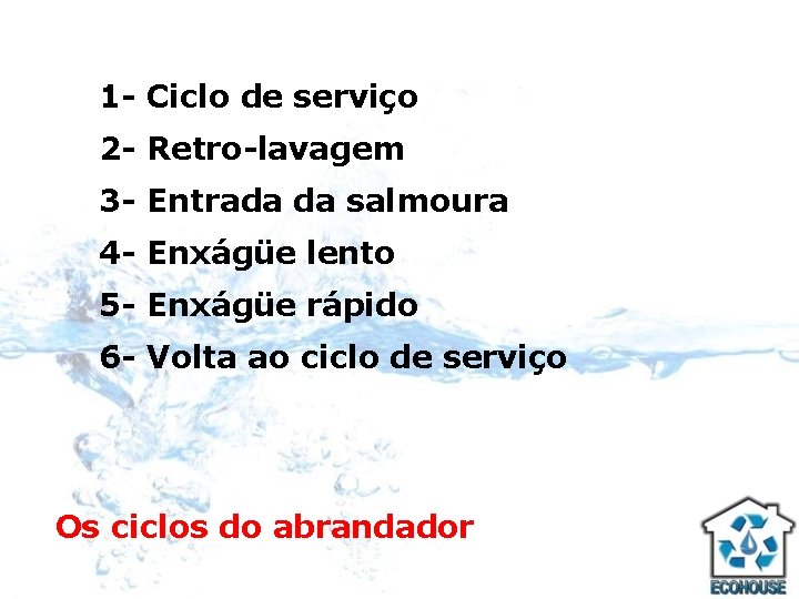 1 - Ciclo de serviço 2 - Retro-lavagem 3 - Entrada da salmoura 4