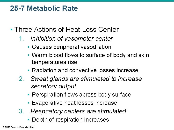 25 -7 Metabolic Rate • Three Actions of Heat-Loss Center 1. Inhibition of vasomotor