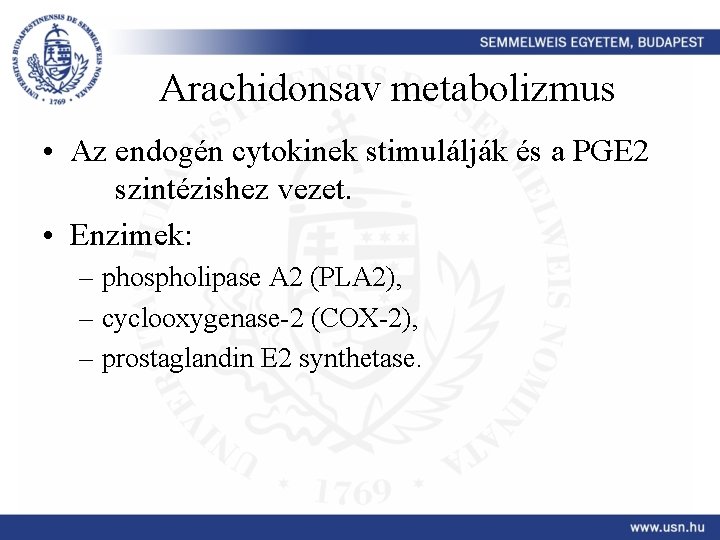 Arachidonsav metabolizmus • Az endogén cytokinek stimulálják és a PGE 2 szintézishez vezet. •