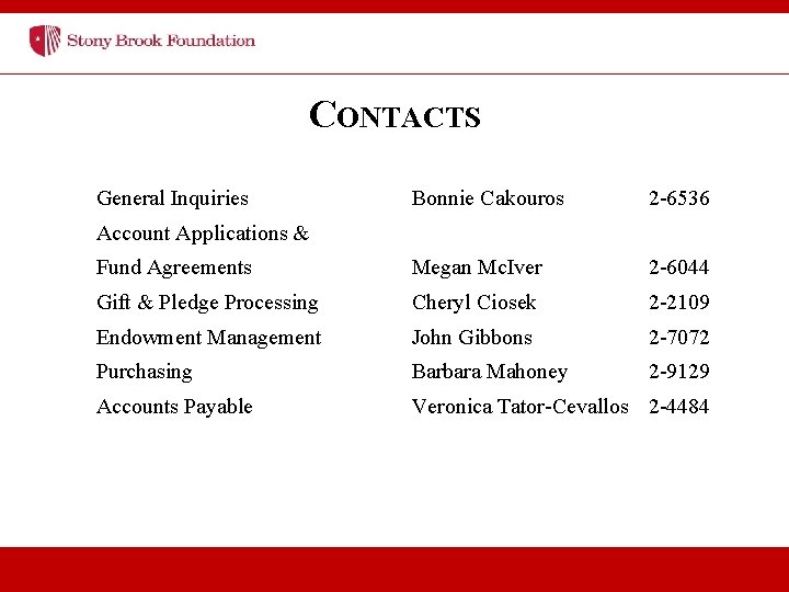 CONTACTS General Inquiries Bonnie Cakouros 2 -6536 Fund Agreements Megan Mc. Iver 2 -6044