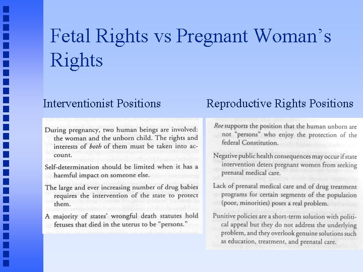 Fetal Rights vs Pregnant Woman’s Rights Interventionist Positions Reproductive Rights Positions 