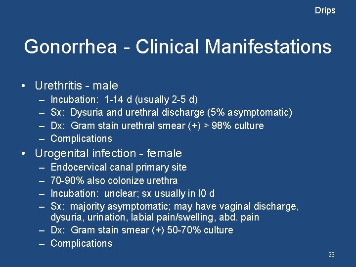 Drips Gonorrhea - Clinical Manifestations • Urethritis - male – – Incubation: 1 -14