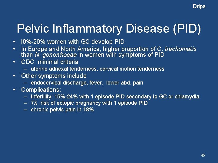 Drips Pelvic Inflammatory Disease (PID) • l 0%-20% women with GC develop PID •