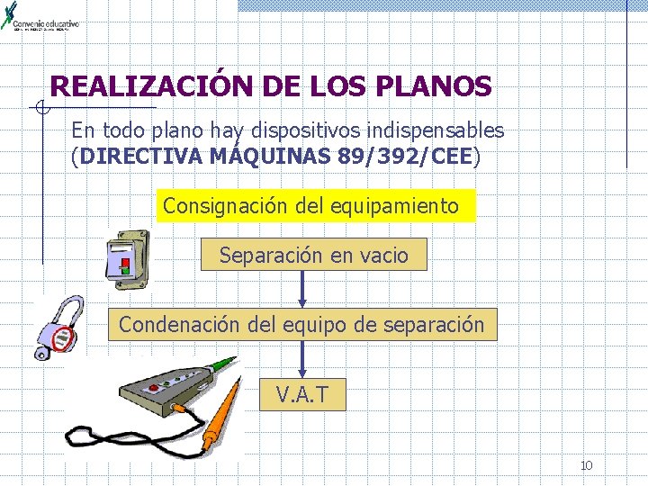 REALIZACIÓN DE LOS PLANOS En todo plano hay dispositivos indispensables (DIRECTIVA MÁQUINAS 89/392/CEE) Consignación