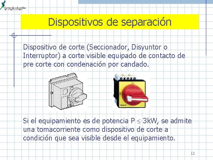 Dispositivos de separación Dispositivo de corte (Seccionador, Disyuntor o Interruptor) a corte visible equipado