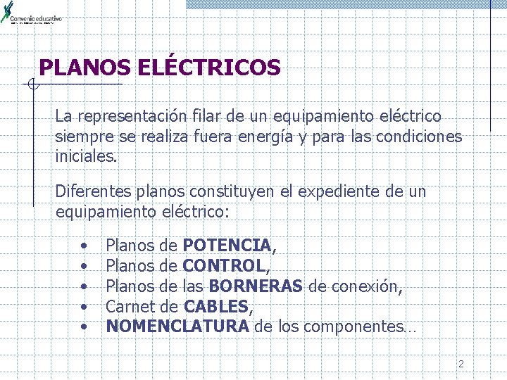 PLANOS ELÉCTRICOS La representación filar de un equipamiento eléctrico siempre se realiza fuera energía