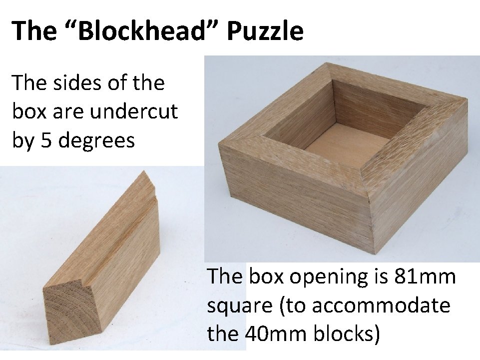 The “Blockhead” Puzzle The sides of the box are undercut by 5 degrees The