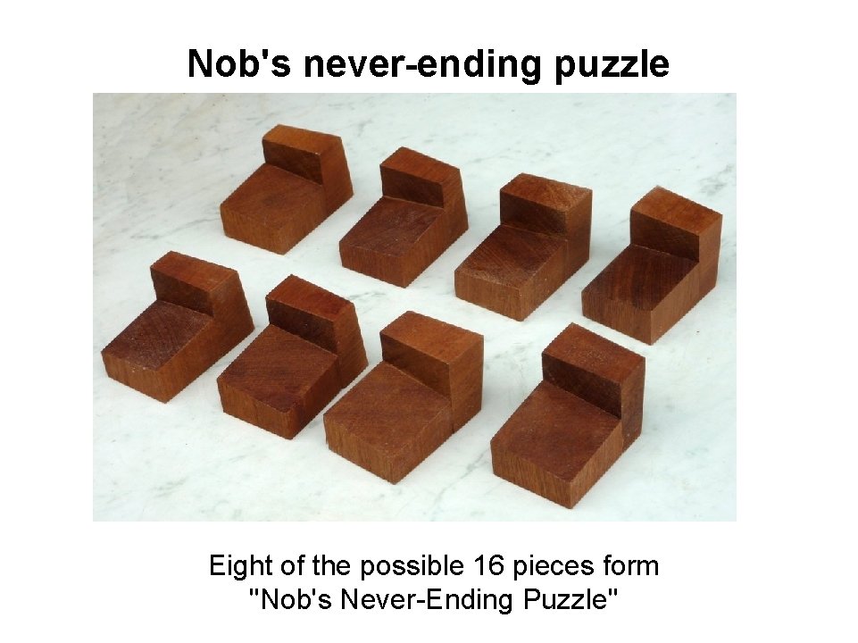 Nob's never-ending puzzle Eight of the possible 16 pieces form "Nob's Never-Ending Puzzle" 