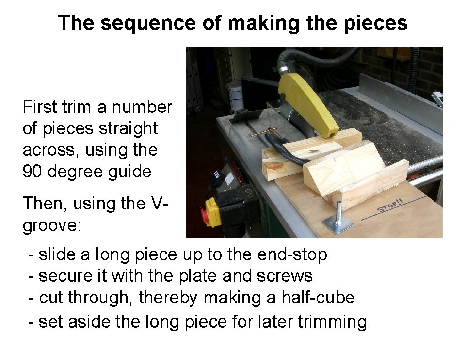 The sequence of making the pieces First trim a number of pieces straight across,