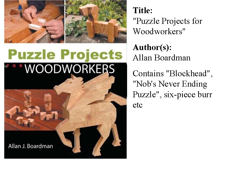 Title: "Puzzle Projects for Woodworkers" Author(s): Allan Boardman Contains "Blockhead", "Nob's Never Ending Puzzle",