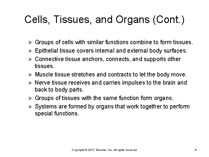 Cells, Tissues, and Organs (Cont. ) Ø Ø Ø Ø Groups of cells with