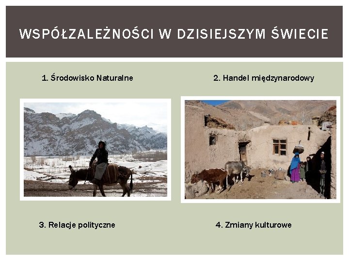 WSPÓŁZALEŻNOŚCI W DZISIEJSZYM ŚWIECIE 1. Środowisko Naturalne 3. Relacje polityczne 2. Handel międzynarodowy 4.