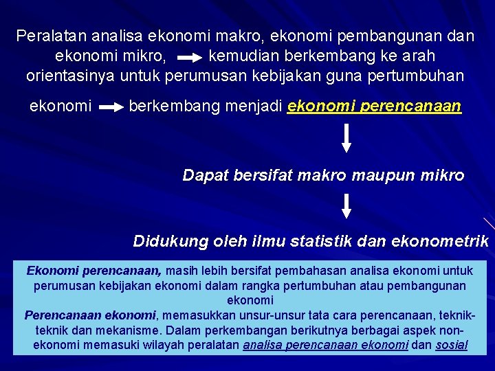 Peralatan analisa ekonomi makro, ekonomi pembangunan dan ekonomi mikro, kemudian berkembang ke arah orientasinya