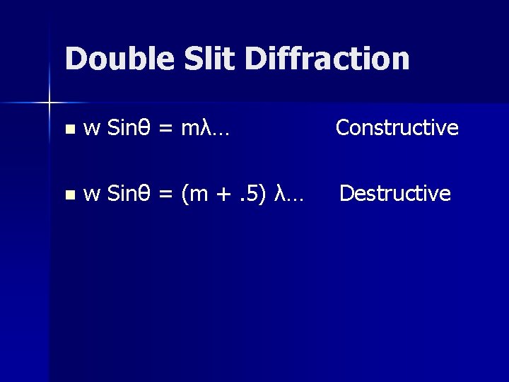 Double Slit Diffraction n w Sinθ = mλ… Constructive n w Sinθ = (m