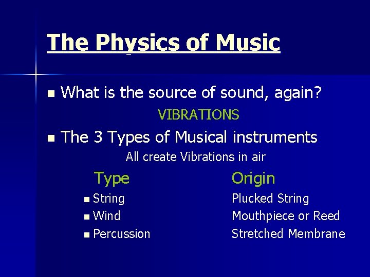 The Physics of Music n What is the source of sound, again? VIBRATIONS n