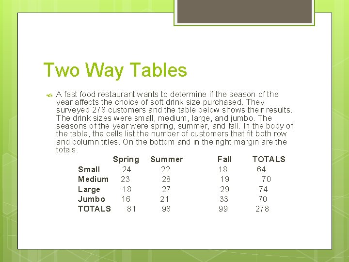 Two Way Tables A fast food restaurant wants to determine if the season of