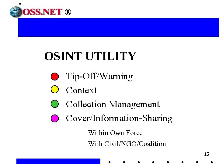 ® OSINT UTILITY Tip-Off/Warning Context Collection Management Cover/Information-Sharing Within Own Force With Civil/NGO/Coalition 13