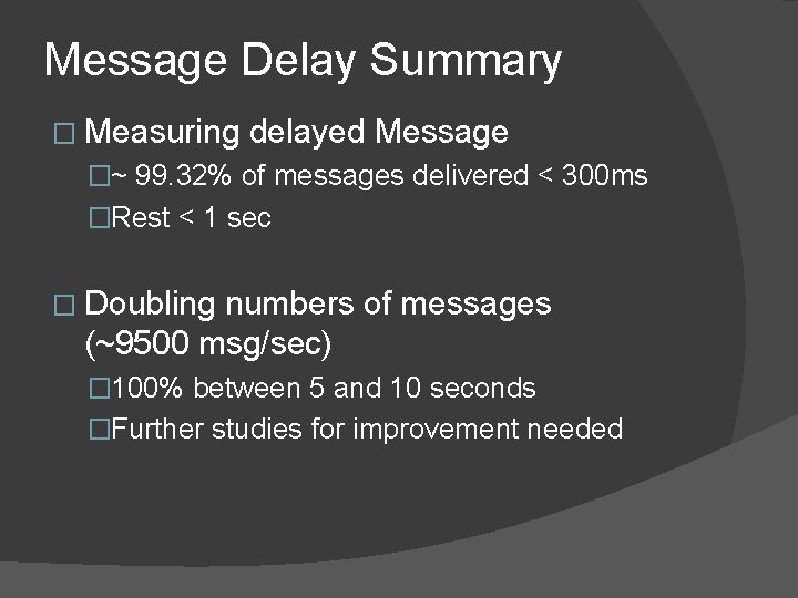 Message Delay Summary � Measuring delayed Message �~ 99. 32% of messages delivered <