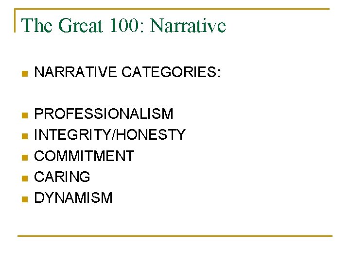 The Great 100: Narrative n NARRATIVE CATEGORIES: n PROFESSIONALISM INTEGRITY/HONESTY COMMITMENT CARING DYNAMISM n