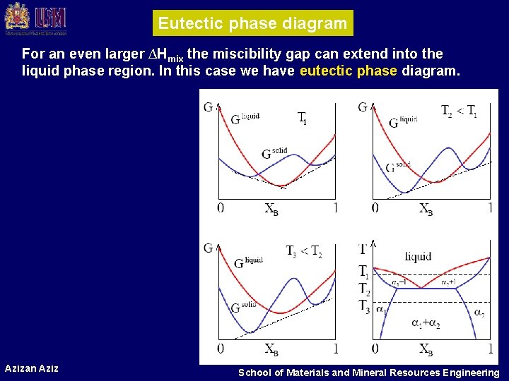 Eutectic phase diagram For an even larger ∆Hmix the miscibility gap can extend into