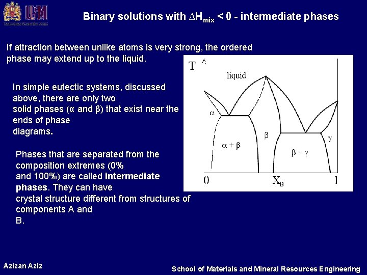 Binary solutions with ∆Hmix < 0 - intermediate phases If attraction between unlike atoms Binary solutions with ∆Hmix < 0 - intermediate phases If attraction between unlike atoms