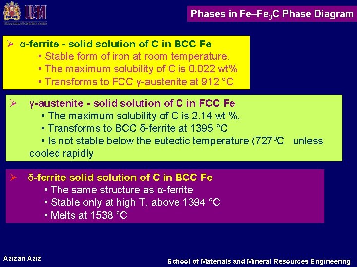 Phases in Fe–Fe 3 C Phase Diagram Ø α-ferrite - solid solution of C Phases in Fe–Fe 3 C Phase Diagram Ø α-ferrite - solid solution of C