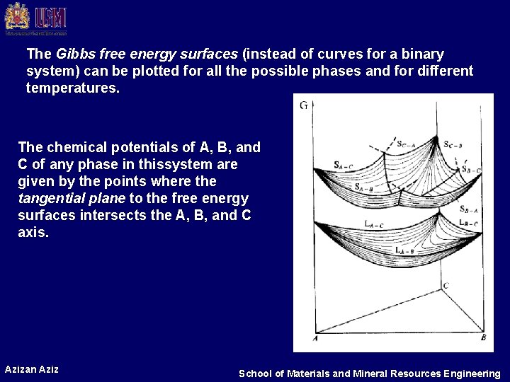 The Gibbs free energy surfaces (instead of curves for a binary system) can be
