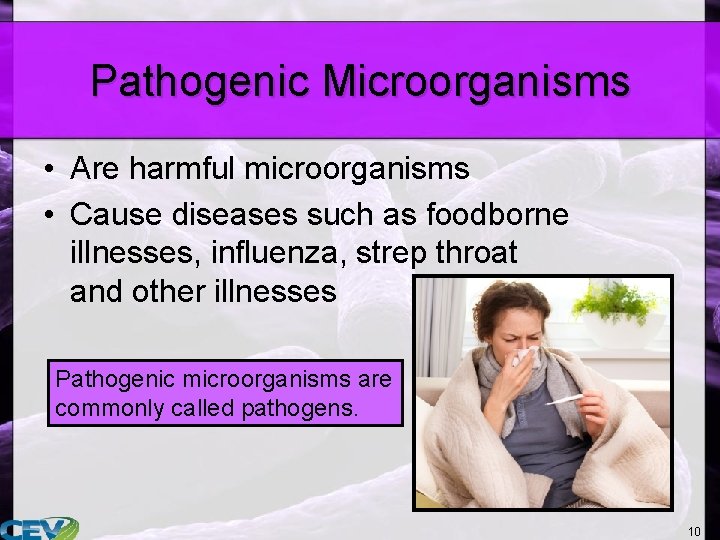 Pathogenic Microorganisms • Are harmful microorganisms • Cause diseases such as foodborne illnesses, influenza,