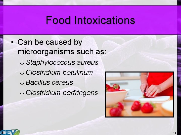 Food Intoxications • Can be caused by microorganisms such as: o Staphylococcus aureus o