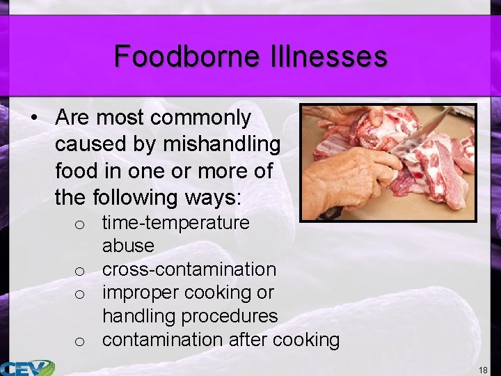 Foodborne Illnesses • Are most commonly caused by mishandling food in one or more