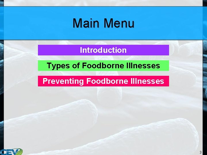 Main Menu Introduction Types of Foodborne Illnesses Preventing Foodborne Illnesses 3 