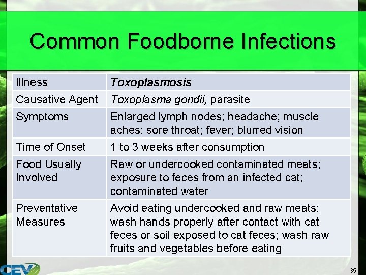Common Foodborne Infections Illness Toxoplasmosis Causative Agent Toxoplasma gondii, parasite Symptoms Enlarged lymph nodes;