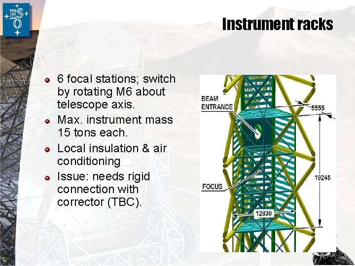 Instrument racks 17 6 focal stations; switch by rotating M 6 about telescope axis.