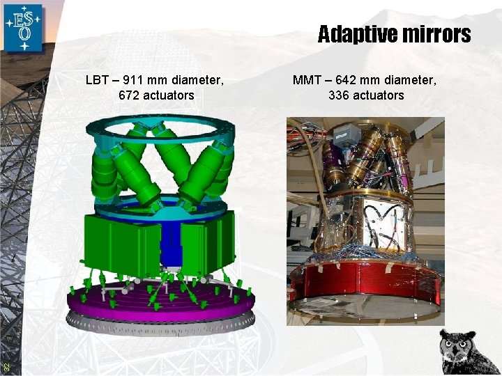 Adaptive mirrors 32 LBT – 911 mm diameter, 672 actuators MMT – 642 mm