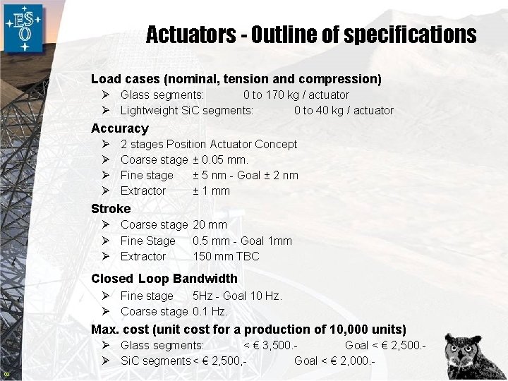 Actuators - Outline of specifications Load cases (nominal, tension and compression) Ø Glass segments: