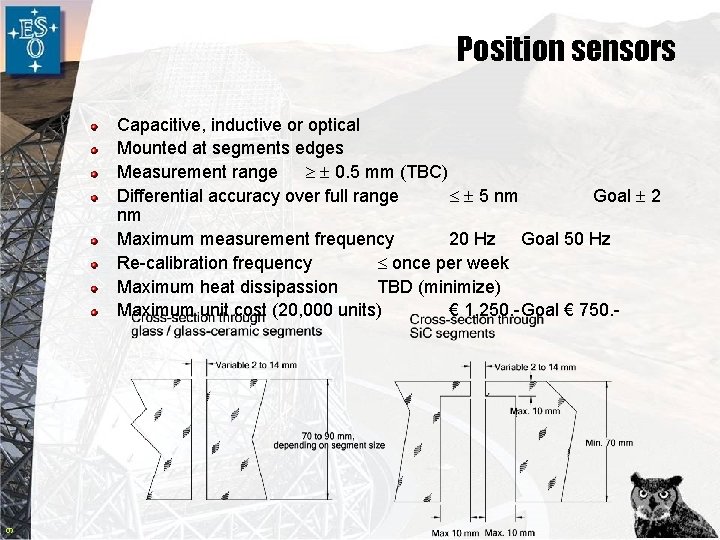 Position sensors 9 Capacitive, inductive or optical Mounted at segments edges Measurement range 0.