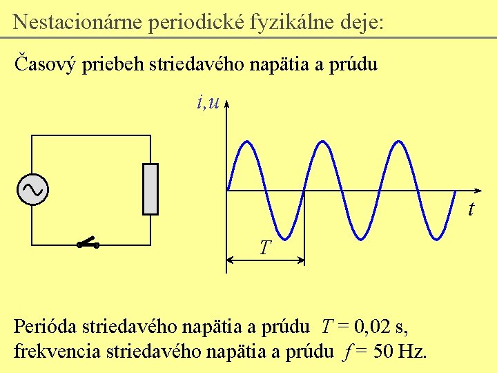 Nestacionárne periodické fyzikálne deje: Časový priebeh striedavého napätia a prúdu i, u t T