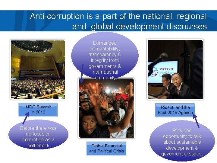 Anti-corruption is a part of the national, regional and global development discourses Demanded accountability,