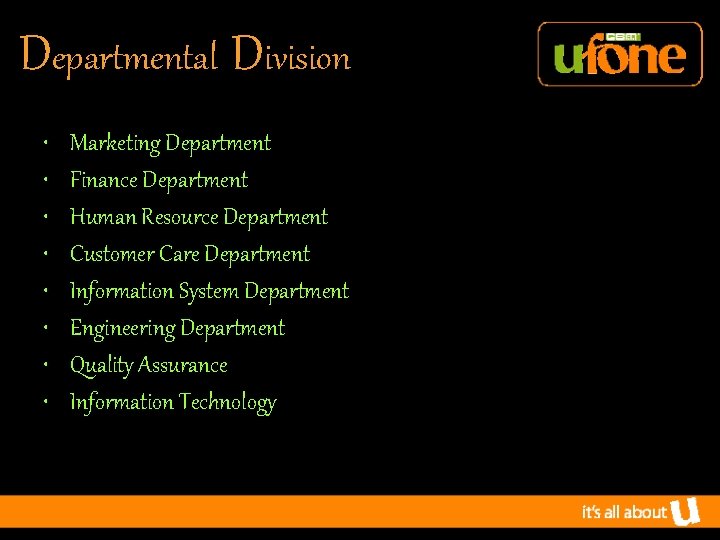 Departmental Division • • Marketing Department Finance Department Human Resource Department Customer Care Department