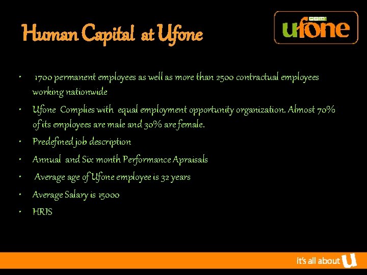 Human Capital at Ufone • • 1700 permanent employees as well as more than