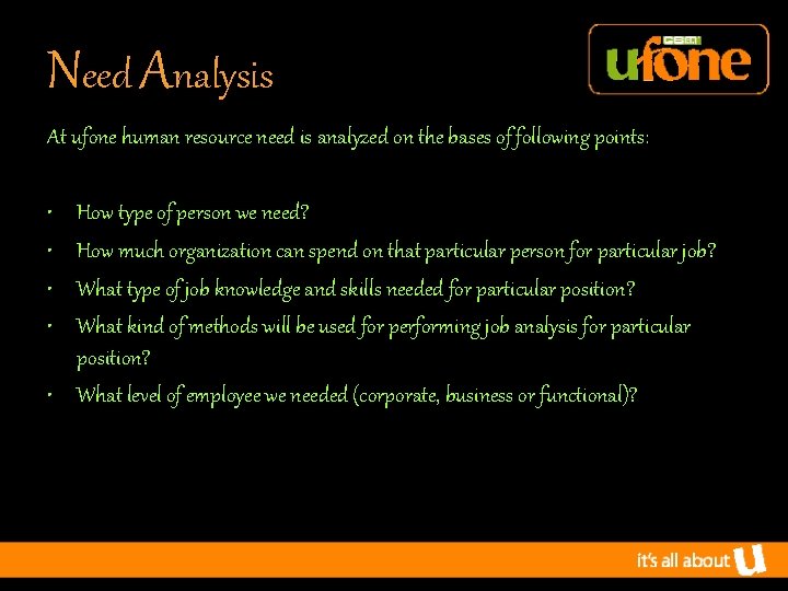 Need Analysis At ufone human resource need is analyzed on the bases of following