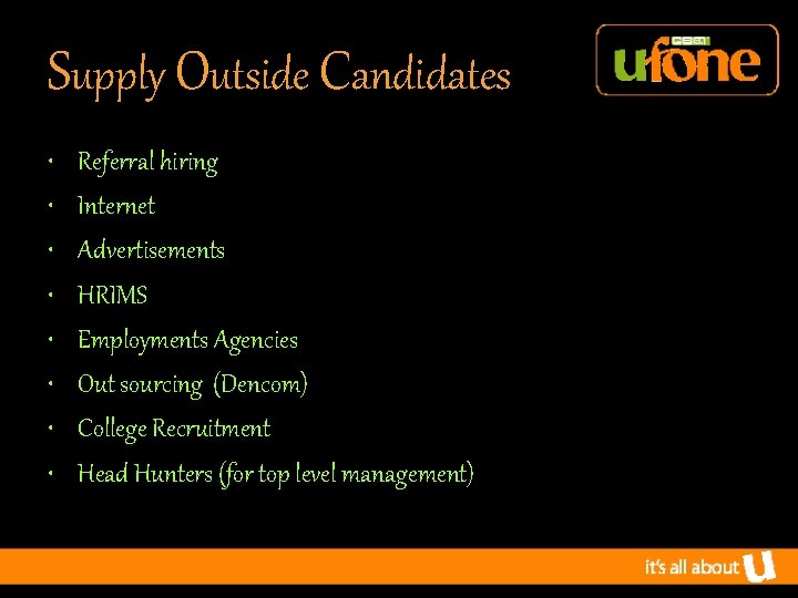 Supply Outside Candidates • • Referral hiring Internet Advertisements HRIMS Employments Agencies Out sourcing