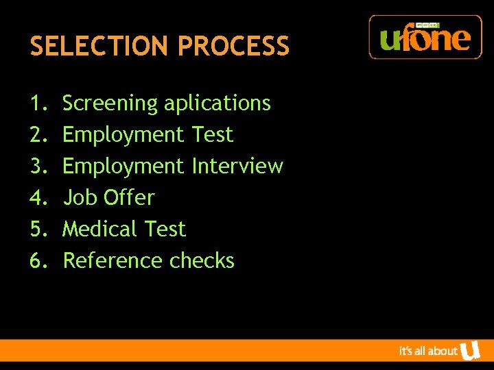 SELECTION PROCESS 1. 2. 3. 4. 5. 6. Screening aplications Employment Test Employment Interview