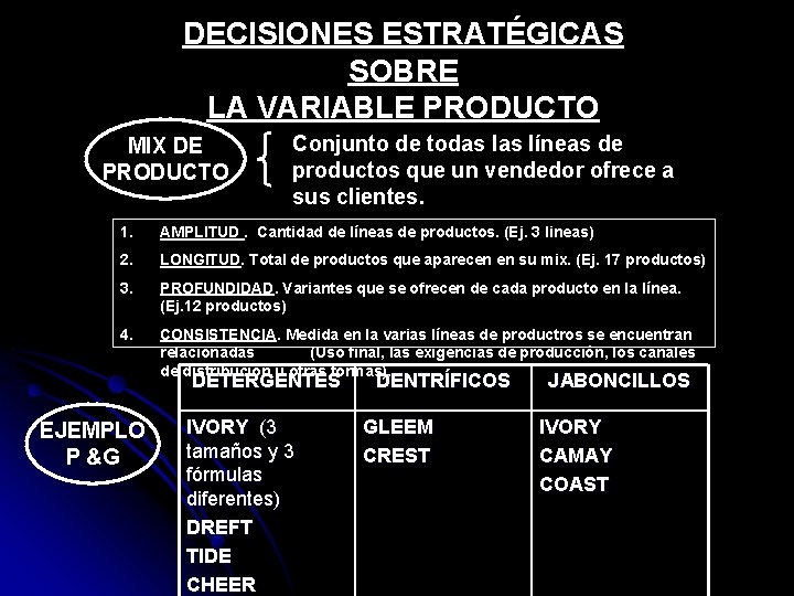DECISIONES ESTRATÉGICAS SOBRE LA VARIABLE PRODUCTO MIX DE PRODUCTO Conjunto de todas líneas de