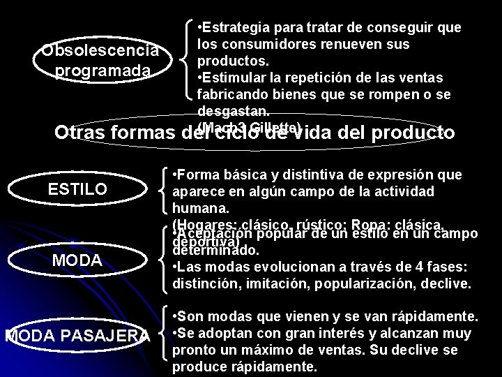 Obsolescencia programada Otras formas ESTILO MODA PASAJERA • Estrategia para tratar de conseguir que