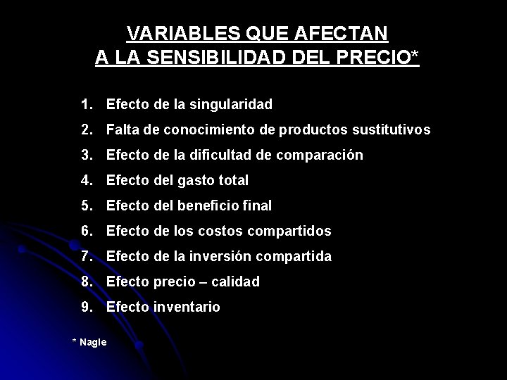 VARIABLES QUE AFECTAN A LA SENSIBILIDAD DEL PRECIO* 1. Efecto de la singularidad 2.