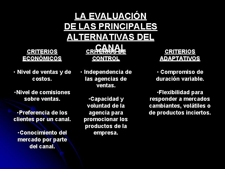 CRITERIOS ECONÓMICOS LA EVALUACIÓN DE LAS PRINCIPALES ALTERNATIVAS DEL CANAL CRITERIOS DE • Nivel