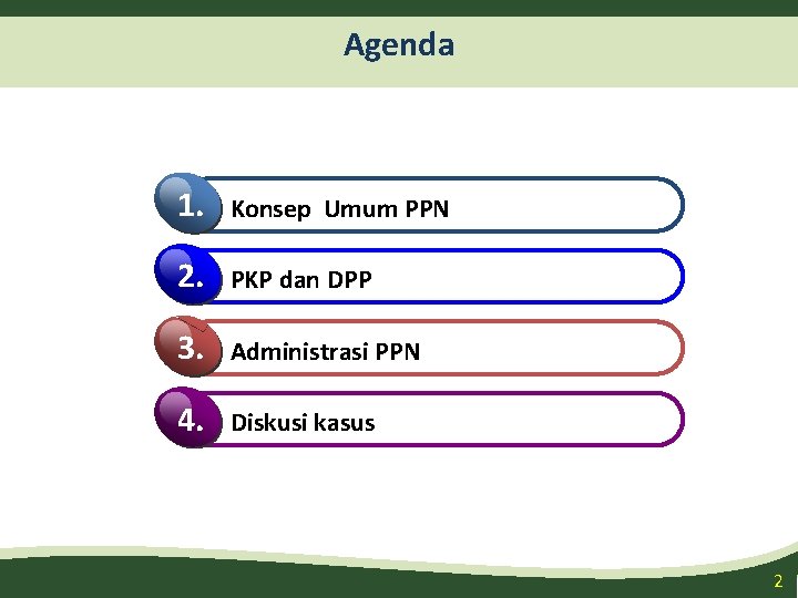 Agenda 1. Konsep Umum PPN 2. PKP dan DPP 3. Administrasi PPN 4. Diskusi