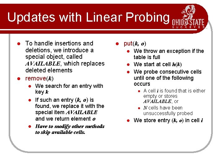 Updates with Linear Probing To handle insertions and deletions, we introduce a special object,